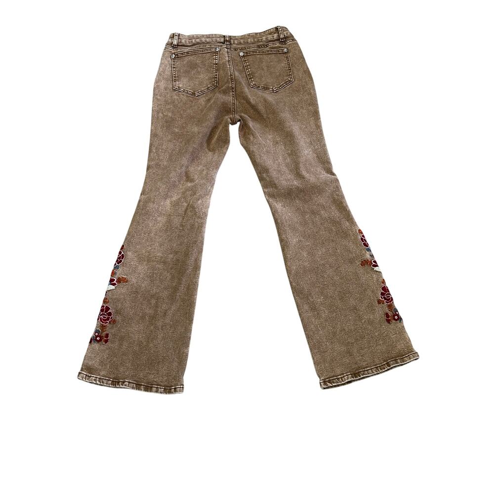 Flamingals Large Brown Floral Embroidered Flare Jeans Boho Western Y2K - Picture 2 of 7
